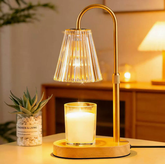 Table lamp with diamond pattern glass shade on bedside table