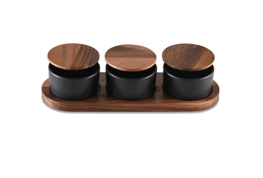 Black Ceramic Condiment Set on Acacia Base