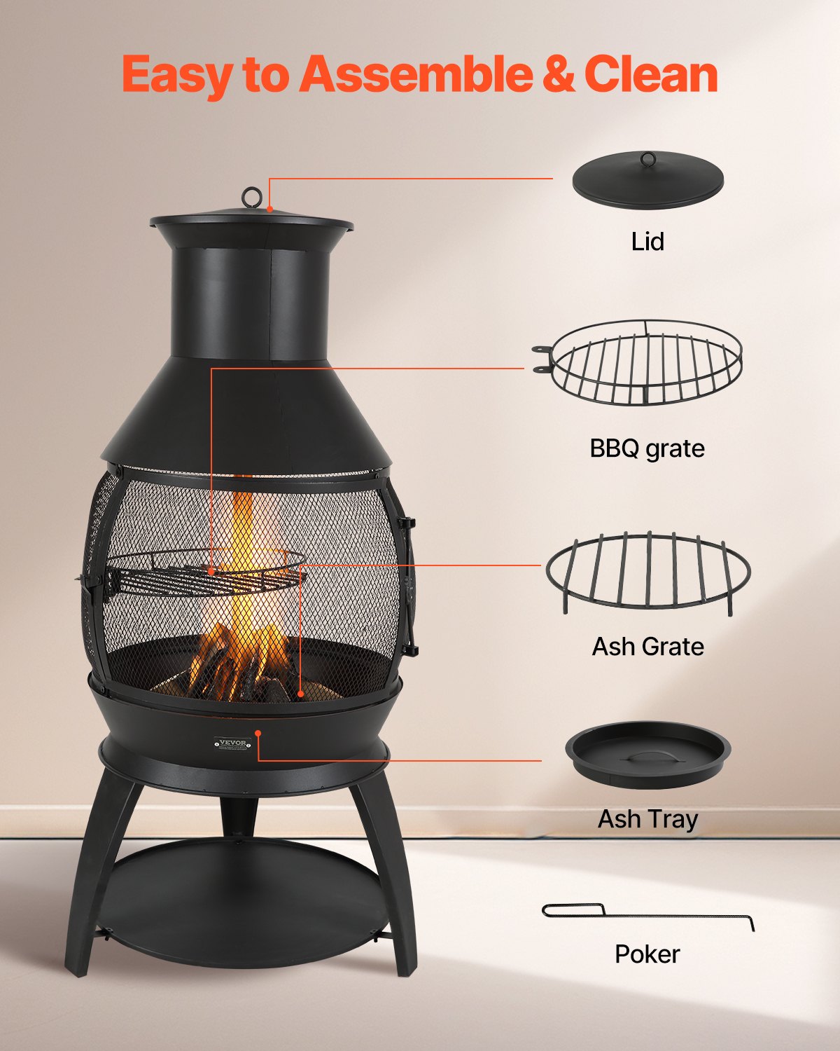 22-Inch Outdoor Chiminea Fire Pit with Grill and Chimney Cover