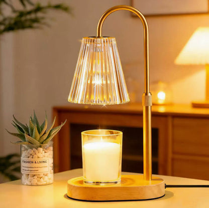 Table lamp with diamond pattern glass shade on bedside table