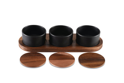 Black Ceramic Condiment Set on Acacia Base