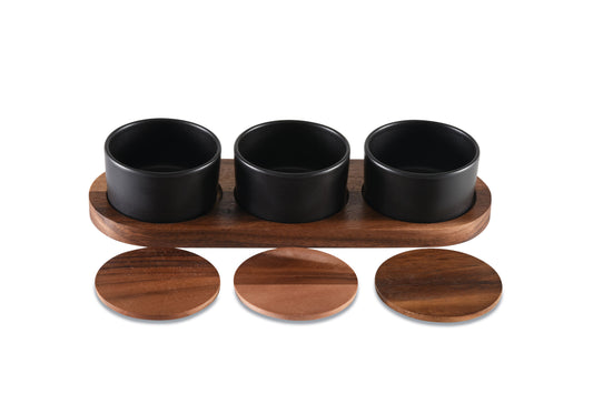 Black Ceramic Condiment Set on Acacia Base
