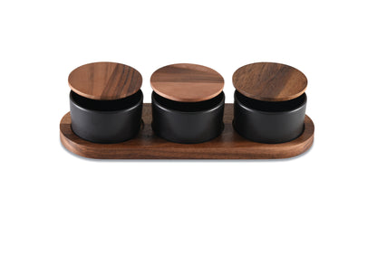 Black Ceramic Condiment Set on Acacia Base