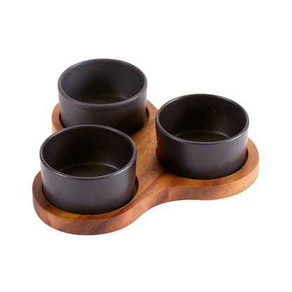 Triangular Acacia Serving Set with 3 Ceramic Dishes