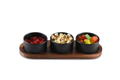 Black Ceramic Condiment Set on Acacia Base