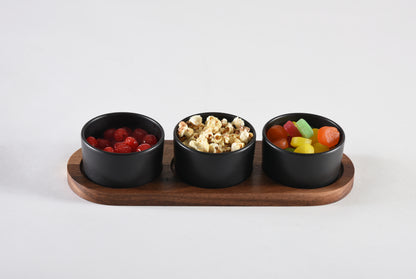 Black Ceramic Condiment Set on Acacia Base