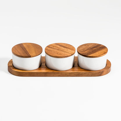 Ceramic Condiment Set on Acacia Base