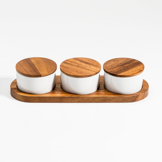 Ceramic Condiment Set on Acacia Base