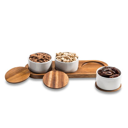 Ceramic Condiment Set on Acacia Base