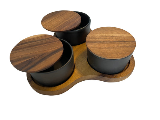 Triangular Acacia Serving Set with 3 Ceramic Dishes