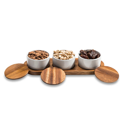 Ceramic Condiment Set on Acacia Base