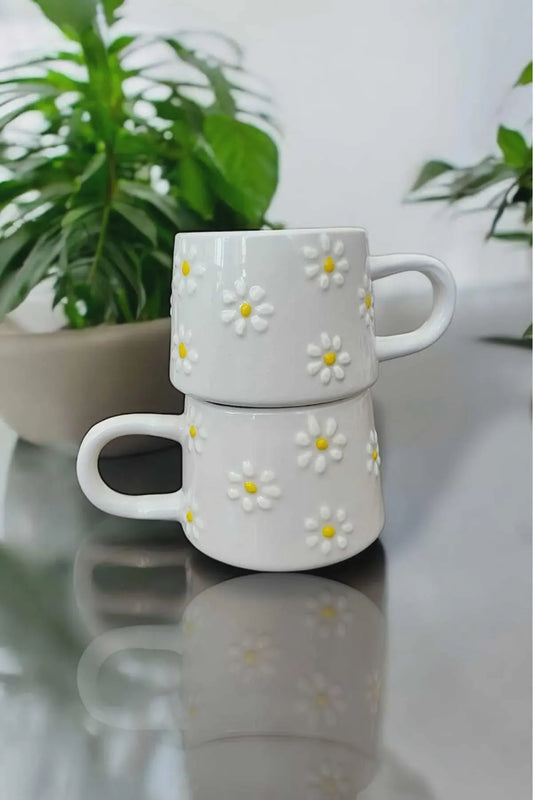 Yellow Daisy Ceramic Mugs — Set of 2