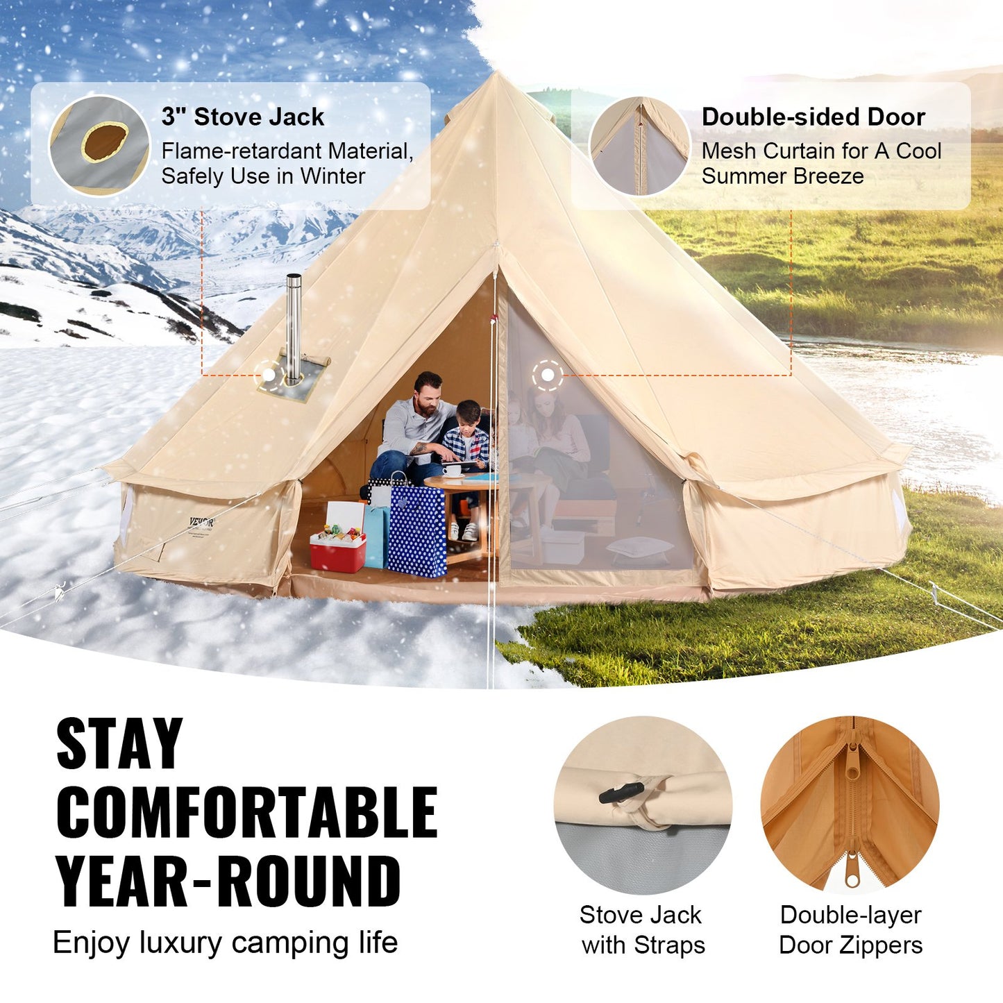 Canvas Bell Tent, 4 Seasons 7 m/22.97 ft Yurt Tent, Canvas Tent for