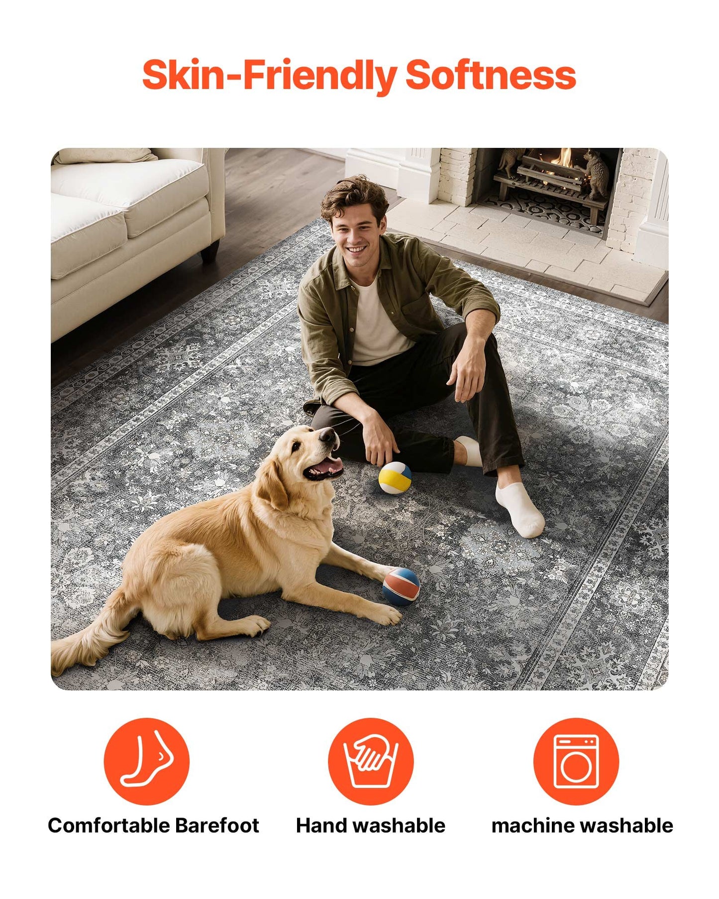 Area Rug, 8 x 10 ft Large Washable Rug, Non-Slip and Tear-Resistant