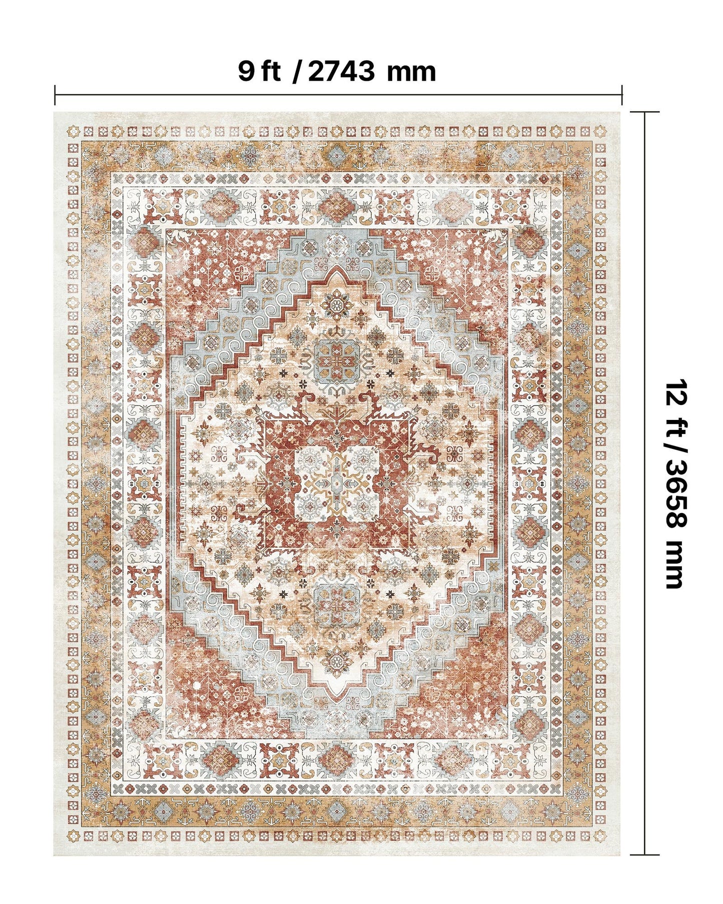 Area Rug, 9 x 12 ft Large Washable Rug, Non-Slip and Tear-Resistant