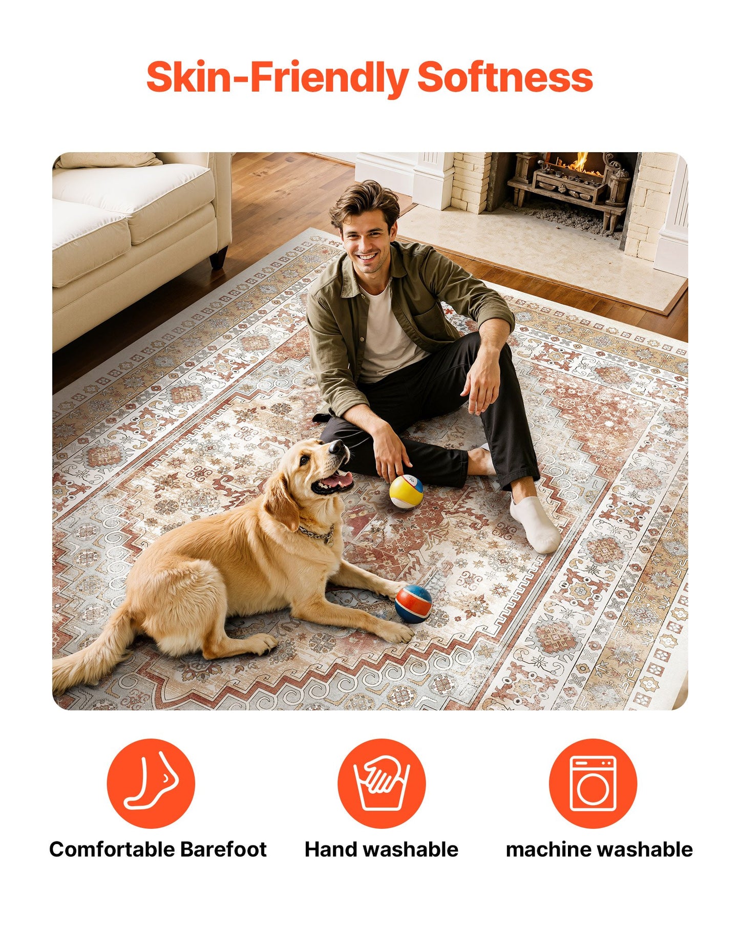 Area Rug, 9 x 12 ft Large Washable Rug, Non-Slip and Tear-Resistant