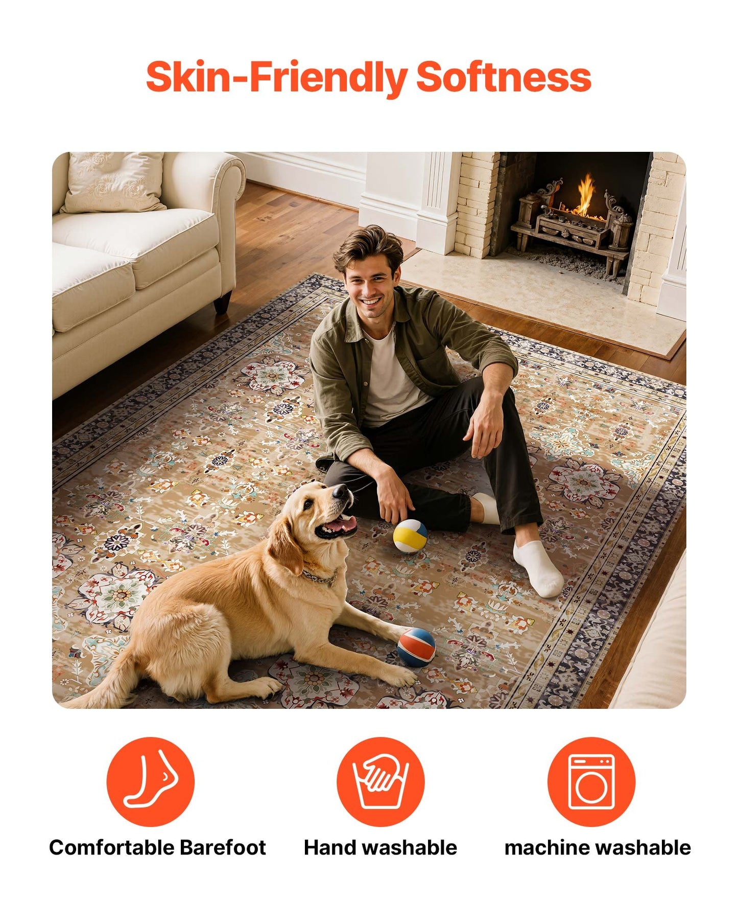 Area Rug, 9 x 12 ft Large Washable Rug, Non-Slip and Tear-Resistant