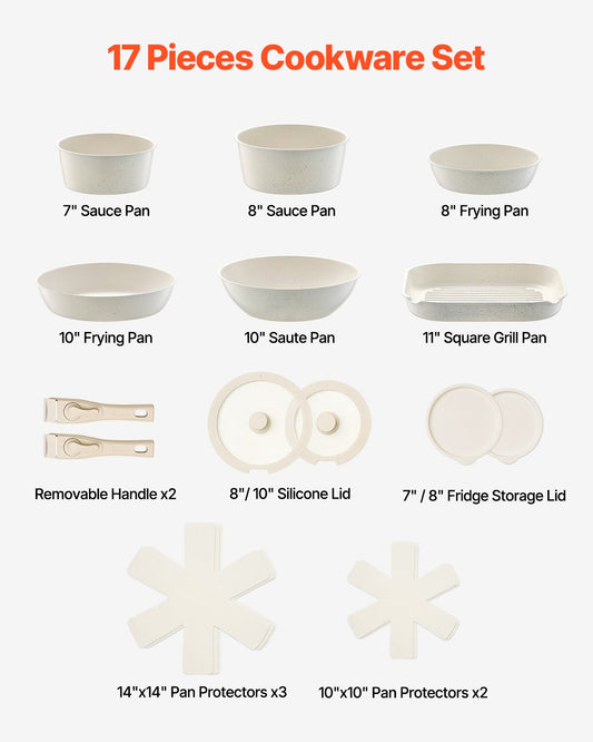 17-Piece Nonstick Cookware Set with Detachable Handles